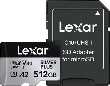 Lexar Professional SILVER PLUS R205/W150 microSDXC 512GB Kit, UHS-I U3, A2, Class 10